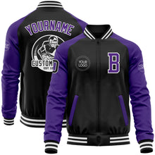 Загрузить изображение в средство просмотра галереи, Custom Black Purple-White Bomber Varsity Letterman Two Tone Zipper Jacket