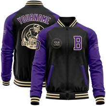 Charger l'image dans la galerie, Custom Black Purple-Cream Bomber Varsity Letterman Two Tone Zipper Jacket