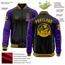 Загрузить изображение в средство просмотра галереи, Custom Black Gold-Purple Bomber Varsity Letterman Two Tone Zipper Jacket