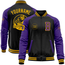 Загрузить изображение в средство просмотра галереи, Custom Black Gold-Purple Bomber Varsity Letterman Two Tone Zipper Jacket
