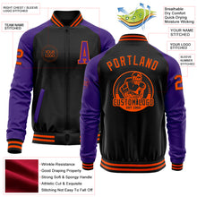 Laden Sie das Bild in den Galerie-Viewer, Custom Black Orange-Purple Bomber Varsity Letterman Two Tone Zipper Jacket