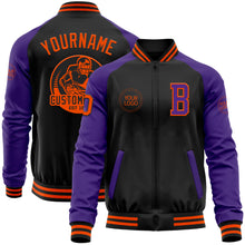Laden Sie das Bild in den Galerie-Viewer, Custom Black Orange-Purple Bomber Varsity Letterman Two Tone Zipper Jacket