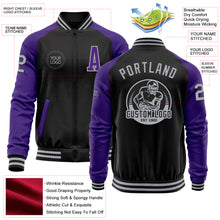 Загрузить изображение в средство просмотра галереи, Custom Black Gray-Purple Bomber Varsity Letterman Two Tone Zipper Jacket
