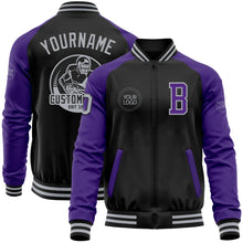 Загрузить изображение в средство просмотра галереи, Custom Black Gray-Purple Bomber Varsity Letterman Two Tone Zipper Jacket