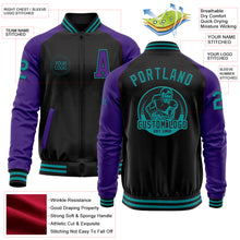 Загрузить изображение в средство просмотра галереи, Custom Black Teal-Purple Bomber Varsity Letterman Two Tone Zipper Jacket
