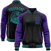 Загрузить изображение в средство просмотра галереи, Custom Black Teal-Purple Bomber Varsity Letterman Two Tone Zipper Jacket