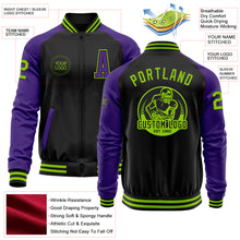 Charger l'image dans la galerie, Custom Black Neon Green-Purple Bomber Varsity Letterman Two Tone Zipper Jacket