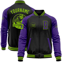 Charger l'image dans la galerie, Custom Black Neon Green-Purple Bomber Varsity Letterman Two Tone Zipper Jacket