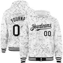Load image into Gallery viewer, Custom Camo Black-White Arctic Camouflage 3D Bomber Full-Snap Varsity Letterman Salute To Service Hoodie Jacket