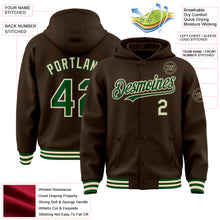 Laden Sie das Bild in den Galerie-Viewer, Custom Brown Green-Cream Bomber Full-Snap Varsity Letterman Hoodie Jacket