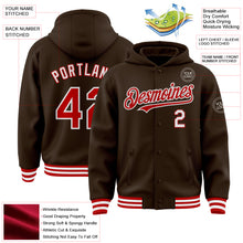 Charger l'image dans la galerie, Custom Brown Red-White Bomber Full-Snap Varsity Letterman Hoodie Jacket