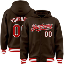 Charger l'image dans la galerie, Custom Brown Red-White Bomber Full-Snap Varsity Letterman Hoodie Jacket