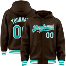 Charger l'image dans la galerie, Custom Brown Aqua-White Bomber Full-Snap Varsity Letterman Hoodie Jacket