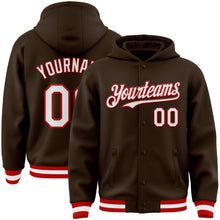 Charger l'image dans la galerie, Custom Brown White-Red Bomber Full-Snap Varsity Letterman Hoodie Jacket