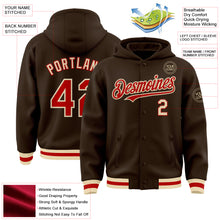 Laden Sie das Bild in den Galerie-Viewer, Custom Brown Red-Cream Bomber Full-Snap Varsity Letterman Hoodie Jacket