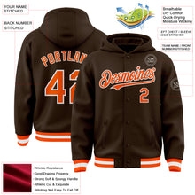 Charger l'image dans la galerie, Custom Brown Orange-White Bomber Full-Snap Varsity Letterman Hoodie Jacket