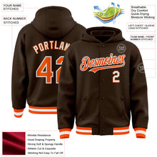 Charger l'image dans la galerie, Custom Brown Orange-White Bomber Full-Snap Varsity Letterman Hoodie Jacket