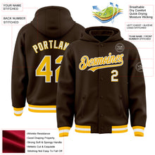 Charger l'image dans la galerie, Custom Brown Gold-White Bomber Full-Snap Varsity Letterman Hoodie Jacket