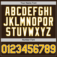 Charger l'image dans la galerie, Custom Brown Gold-White Bomber Full-Snap Varsity Letterman Hoodie Jacket