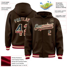 Charger l'image dans la galerie, Custom Brown Vintage USA Flag Cream-Maroon Bomber Full-Snap Varsity Letterman Hoodie Jacket