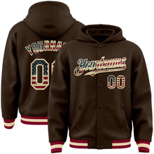 Charger l'image dans la galerie, Custom Brown Vintage USA Flag Cream-Maroon Bomber Full-Snap Varsity Letterman Hoodie Jacket