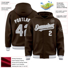 Charger l'image dans la galerie, Custom Brown Gray-White Bomber Full-Snap Varsity Letterman Hoodie Jacket