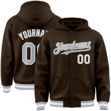Charger l'image dans la galerie, Custom Brown Gray-White Bomber Full-Snap Varsity Letterman Hoodie Jacket