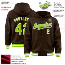 Charger l'image dans la galerie, Custom Brown Neon Green-White Bomber Full-Snap Varsity Letterman Hoodie Jacket