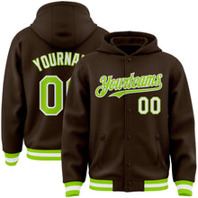 Charger l'image dans la galerie, Custom Brown Neon Green-White Bomber Full-Snap Varsity Letterman Hoodie Jacket