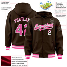 Charger l'image dans la galerie, Custom Brown Pink-White Bomber Full-Snap Varsity Letterman Hoodie Jacket