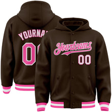 Charger l'image dans la galerie, Custom Brown Pink-White Bomber Full-Snap Varsity Letterman Hoodie Jacket