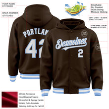 Charger l'image dans la galerie, Custom Brown White-Light Blue Bomber Full-Snap Varsity Letterman Hoodie Jacket