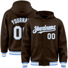 Charger l'image dans la galerie, Custom Brown White-Light Blue Bomber Full-Snap Varsity Letterman Hoodie Jacket