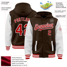 Charger l'image dans la galerie, Custom Brown Red-White Bomber Full-Snap Varsity Letterman Two Tone Hoodie Jacket