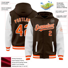 Charger l'image dans la galerie, Custom Brown Orange-White Bomber Full-Snap Varsity Letterman Two Tone Hoodie Jacket