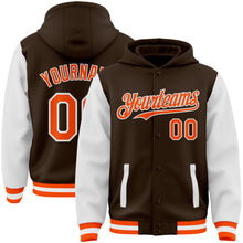 Charger l'image dans la galerie, Custom Brown Orange-White Bomber Full-Snap Varsity Letterman Two Tone Hoodie Jacket