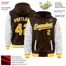 Charger l'image dans la galerie, Custom Brown Gold-White Bomber Full-Snap Varsity Letterman Two Tone Hoodie Jacket