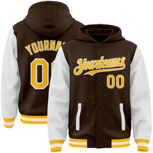 Charger l'image dans la galerie, Custom Brown Gold-White Bomber Full-Snap Varsity Letterman Two Tone Hoodie Jacket