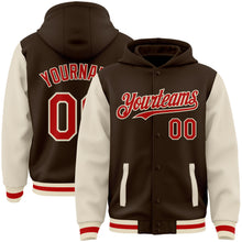 Charger l'image dans la galerie, Custom Brown Red-Cream Bomber Full-Snap Varsity Letterman Two Tone Hoodie Jacket