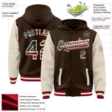 Charger l'image dans la galerie, Custom Brown Vintage USA Flag Cream-Maroon Bomber Full-Snap Varsity Letterman Two Tone Hoodie Jacket