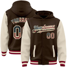 Charger l'image dans la galerie, Custom Brown Vintage USA Flag Cream-Maroon Bomber Full-Snap Varsity Letterman Two Tone Hoodie Jacket