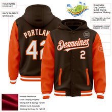 Charger l'image dans la galerie, Custom Brown White-Orange Bomber Full-Snap Varsity Letterman Two Tone Hoodie Jacket