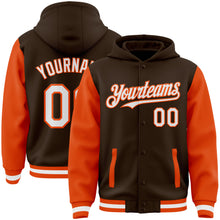 Charger l'image dans la galerie, Custom Brown White-Orange Bomber Full-Snap Varsity Letterman Two Tone Hoodie Jacket