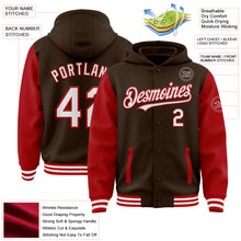 Charger l'image dans la galerie, Custom Brown White-Red Bomber Full-Snap Varsity Letterman Two Tone Hoodie Jacket