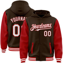 Charger l'image dans la galerie, Custom Brown White-Red Bomber Full-Snap Varsity Letterman Two Tone Hoodie Jacket
