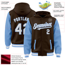 Charger l'image dans la galerie, Custom Brown White-Light Blue Bomber Full-Snap Varsity Letterman Two Tone Hoodie Jacket