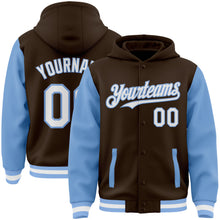Charger l'image dans la galerie, Custom Brown White-Light Blue Bomber Full-Snap Varsity Letterman Two Tone Hoodie Jacket