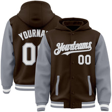 Charger l'image dans la galerie, Custom Brown White-Gray Bomber Full-Snap Varsity Letterman Two Tone Hoodie Jacket