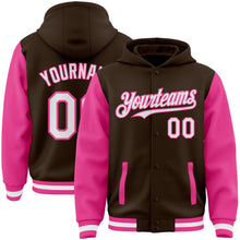 Charger l'image dans la galerie, Custom Brown White-Pink Bomber Full-Snap Varsity Letterman Two Tone Hoodie Jacket