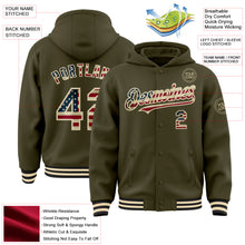 Charger l'image dans la galerie, Custom Olive Vintage USA Flag Cream-Black Bomber Full-Snap Varsity Letterman Salute To Service Hoodie Jacket